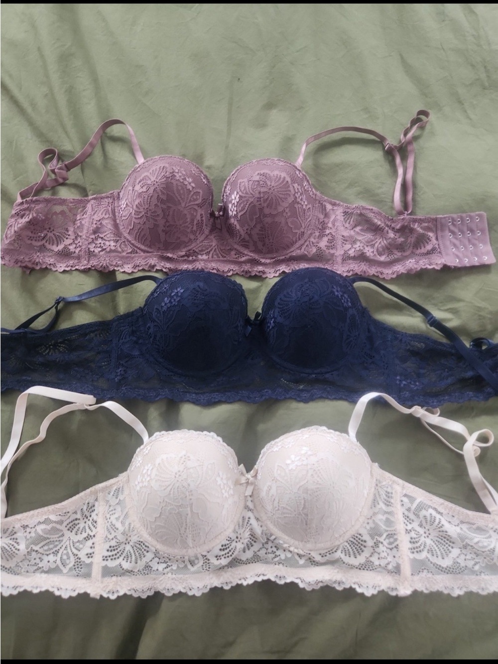 Rene Rofe Lace Balconette Bra Trio - Mauve, Navy, Creamy Peach Bundle